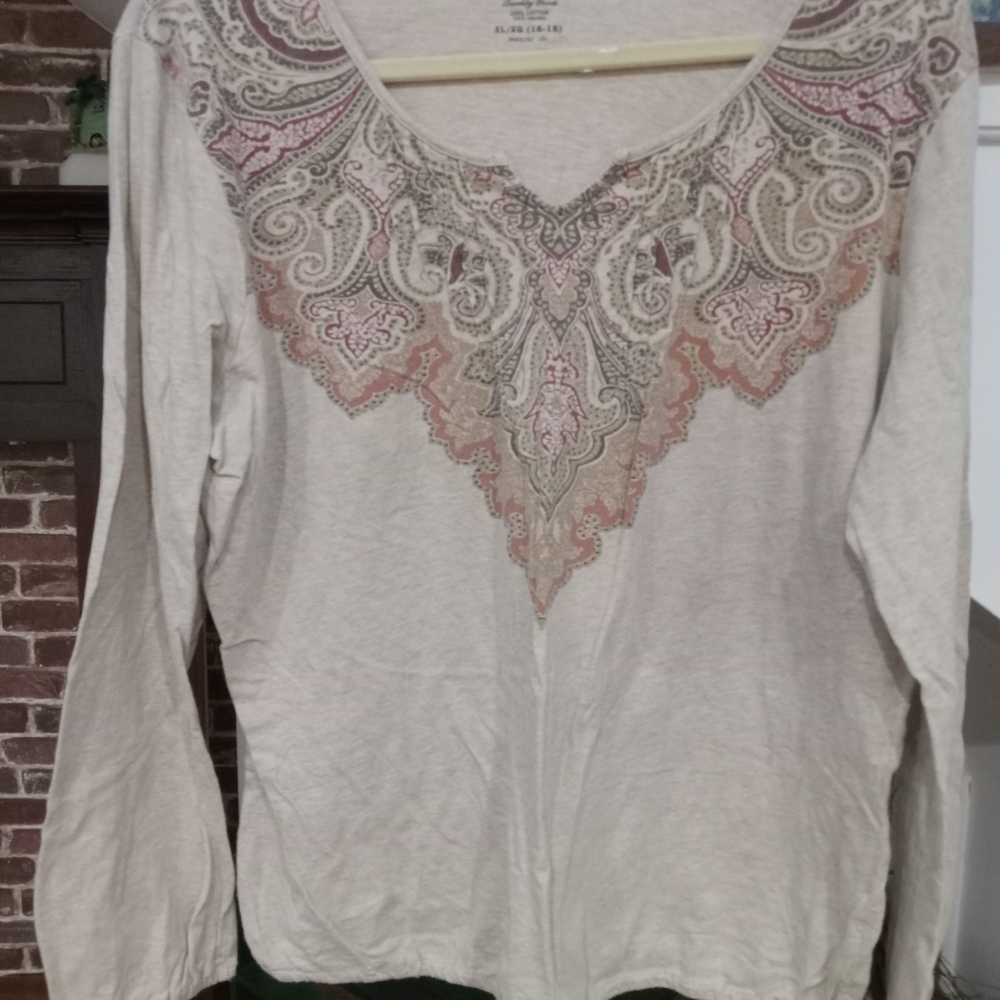 Faded Glory Embroidered Long Sleeve Top - Cream and Pink